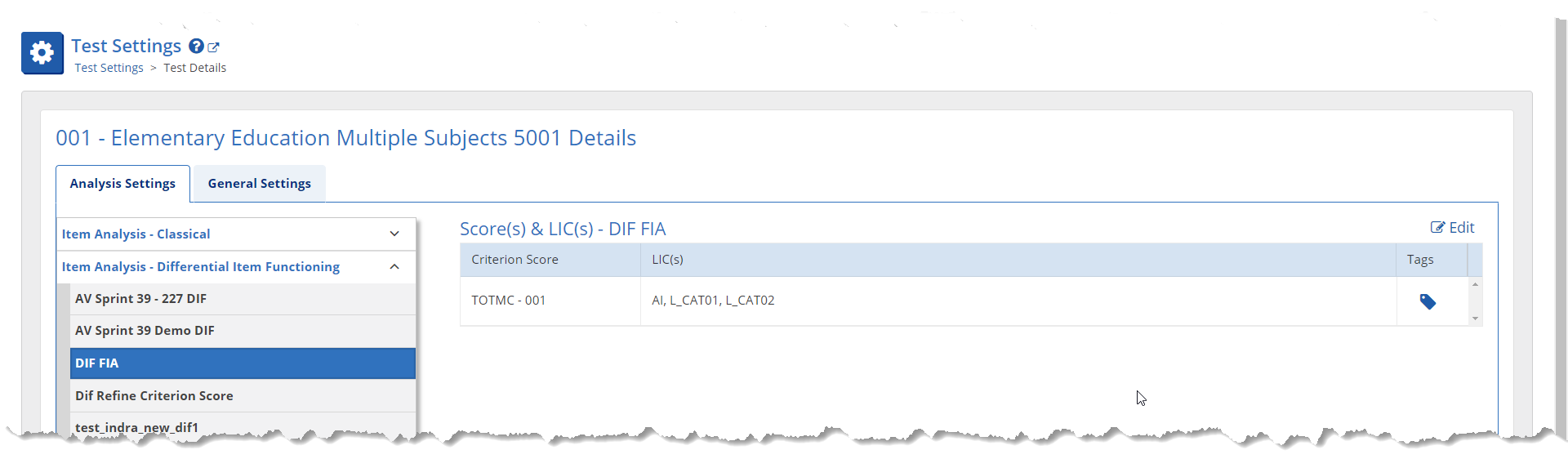 DIF Test Settings View Mode